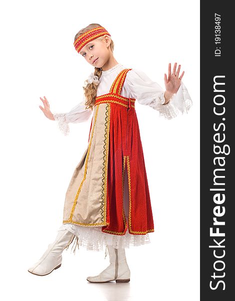 Portrait of a dancing young girl in Belarussian national dress. Portrait of a dancing young girl in Belarussian national dress.