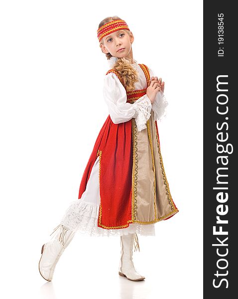 Portrait of a dancing young girl in Belarussian national dress. Portrait of a dancing young girl in Belarussian national dress.