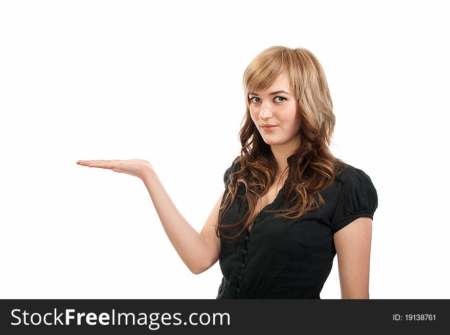 Girl with outstretched hand to demonstrate anything