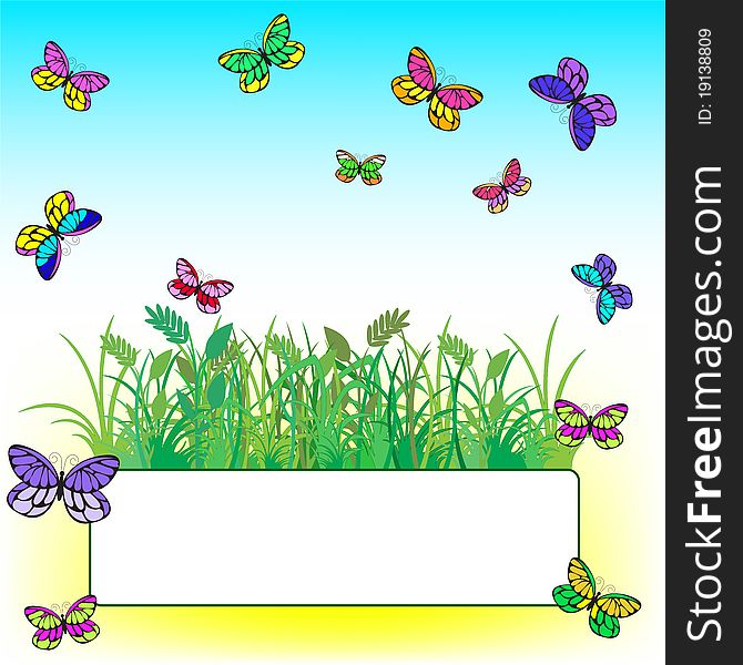 Card framed by grass and colorful butterflies. Card framed by grass and colorful butterflies