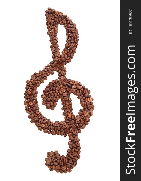 Treble clef formed of roasted coffee beans - isolated on white. Treble clef formed of roasted coffee beans - isolated on white