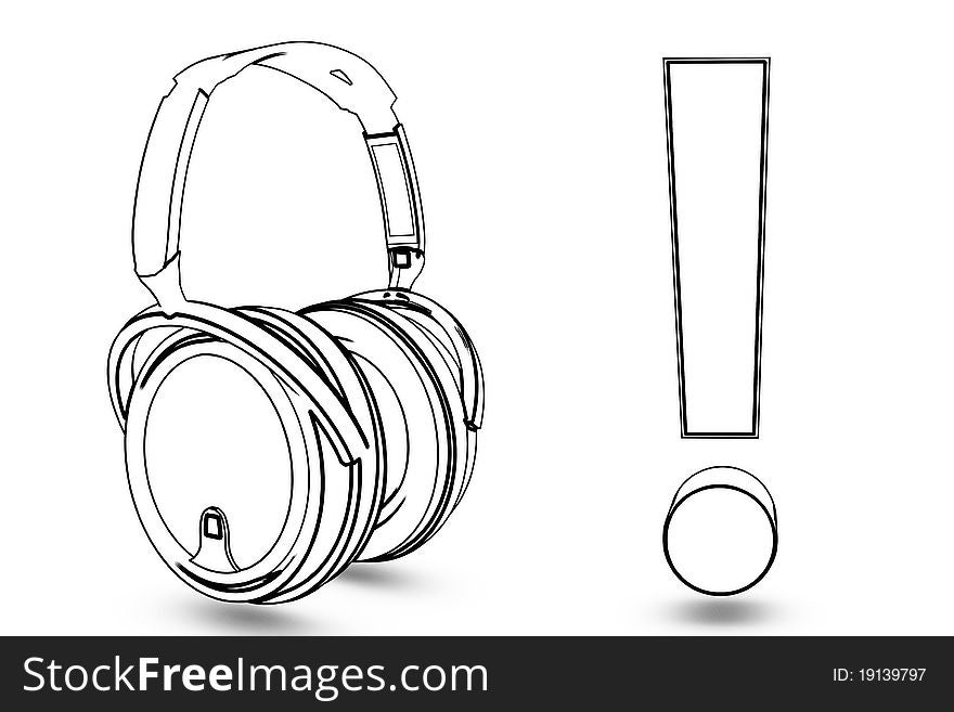 Headphone with excitation sign on wite background