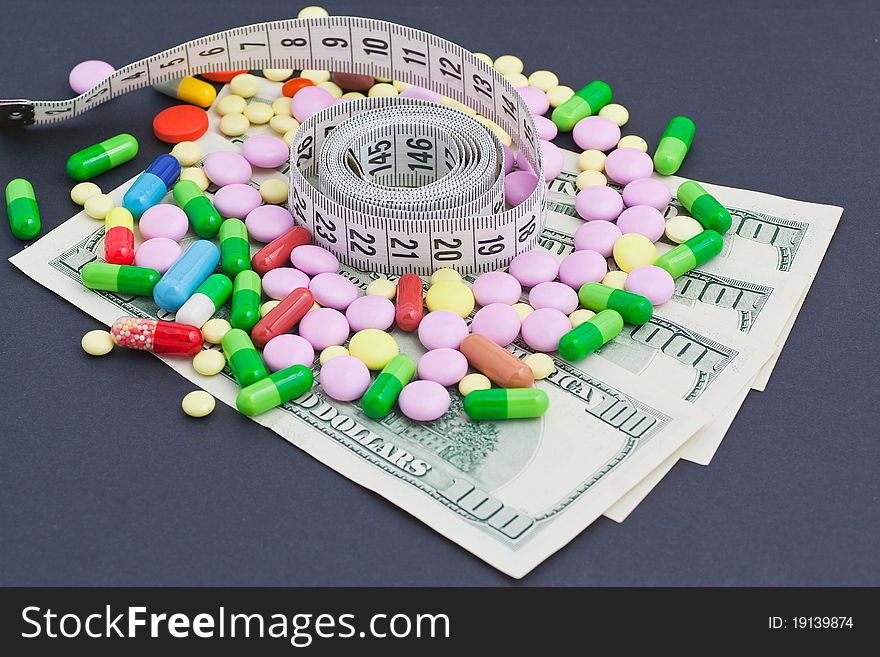 Medical meter and pills on dollars