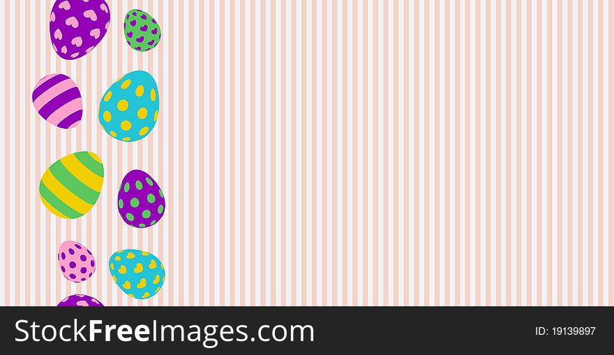 Easter pattern. Colourful eggs on pink-white striped background. Easter pattern. Colourful eggs on pink-white striped background