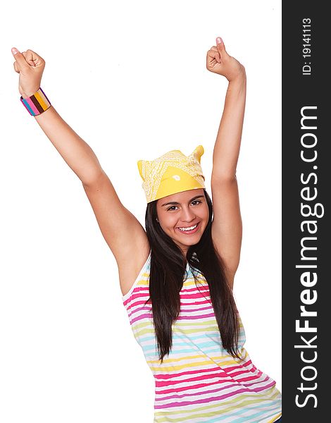 Beautiful girl with hands raised in a sign of freedom and happiness