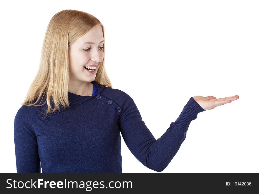 Young, beautiful, blond woman holding hand with blank ad space. Isolated on white background,. Young, beautiful, blond woman holding hand with blank ad space. Isolated on white background,