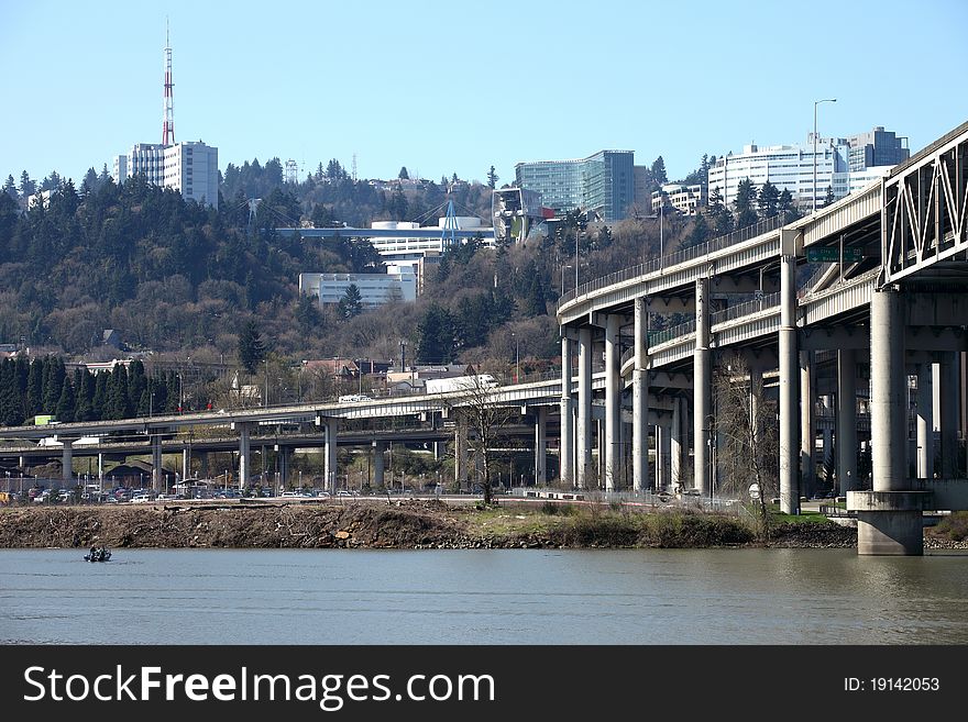 The I-5 overpass and the western hills neighborhood in Portland OR. The I-5 overpass and the western hills neighborhood in Portland OR.