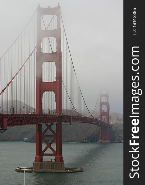 A view of the Golden gate bridge from below.