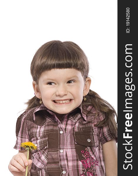 Little girl with yellow flower isolated