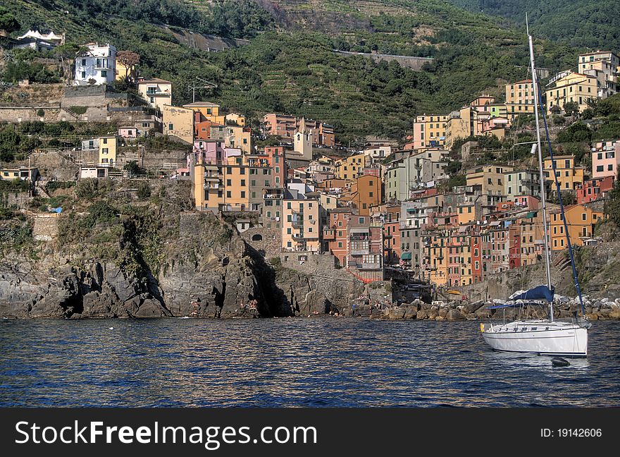 View from the sea of port of Riomaggiore, a town in northeastern Italy in the Liguria region.