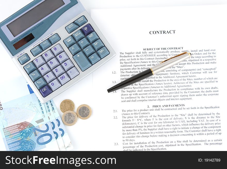 Money, calculator and business documents. Money, calculator and business documents