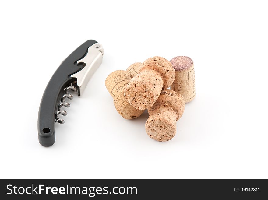 Corks and screw isolated on white. Corks and screw isolated on white