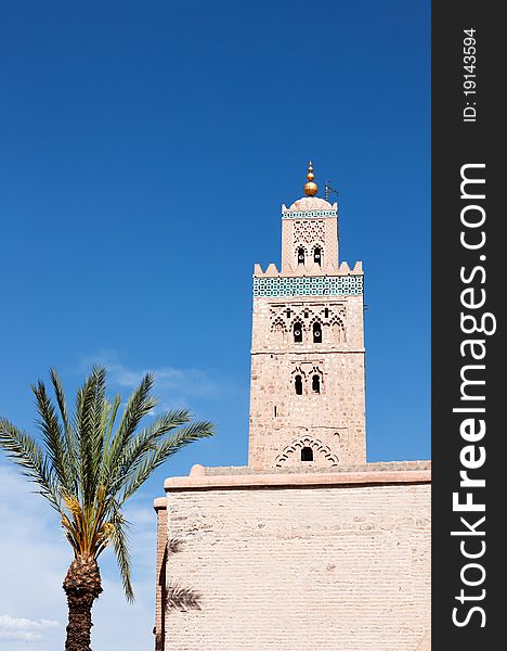 Koutoubia Mosque with its beautiful decorated minaret, Marrakech Morocco. Koutoubia Mosque with its beautiful decorated minaret, Marrakech Morocco.