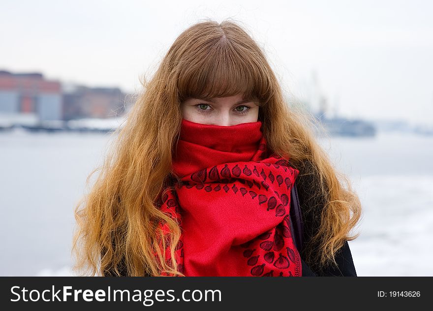 Beautiful girl with green eyes and long hair in the red scarf. Beautiful girl with green eyes and long hair in the red scarf