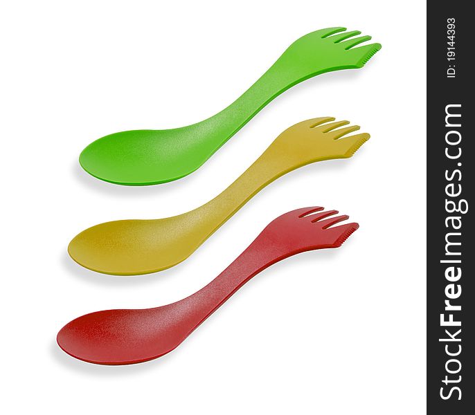 Plastic outdoor sporks combo isolated. Plastic outdoor sporks combo isolated
