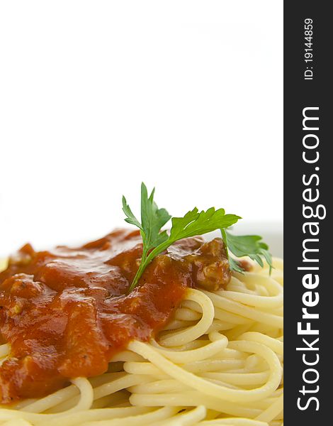 Spaghetti with bolognese souce isolated, parsley garnish. Spaghetti with bolognese souce isolated, parsley garnish