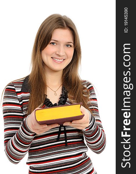 Young girl submits the book on white background