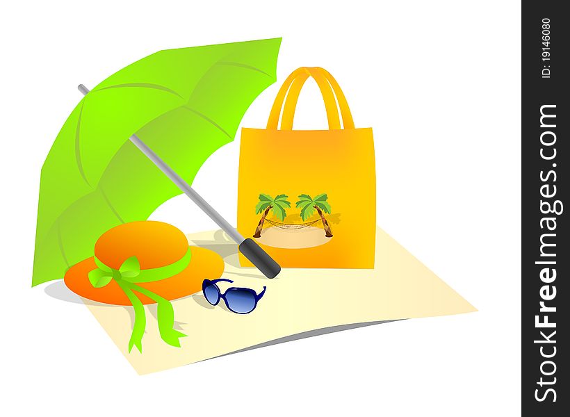Isolated sun hat, sun glasses, umbrella and bag, vector format. Isolated sun hat, sun glasses, umbrella and bag, vector format