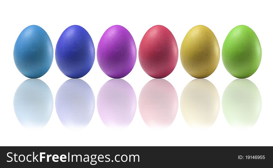 Colored eggs on a white background with reflections on the basis