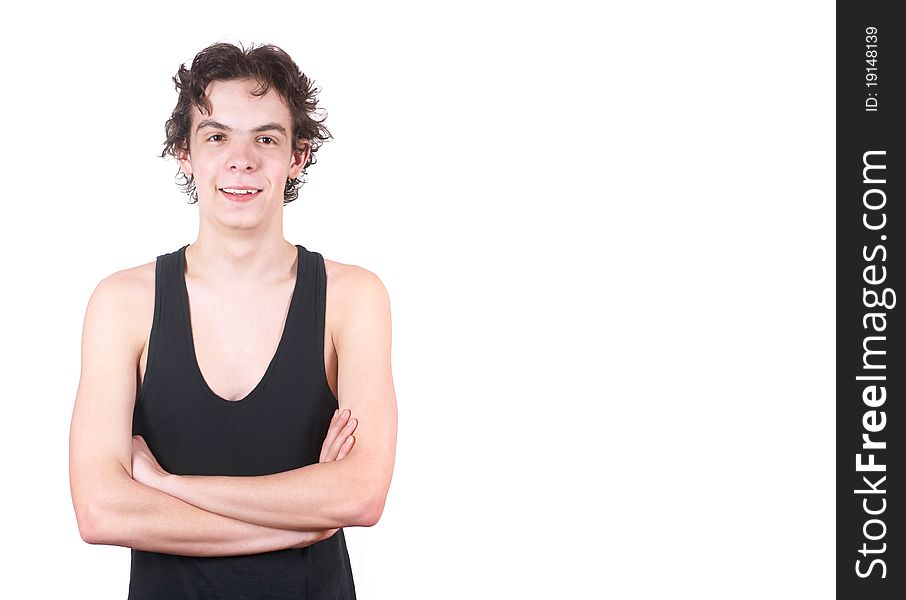 The cheerful boy on a white background