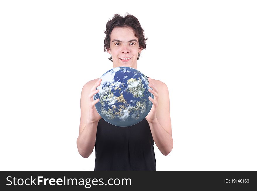The boy holds the Earth on a white background