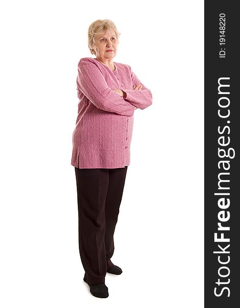 The elderly woman on white background