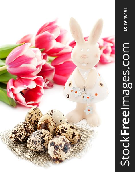 Easter Rabbit With Quail Eggs And Tulips