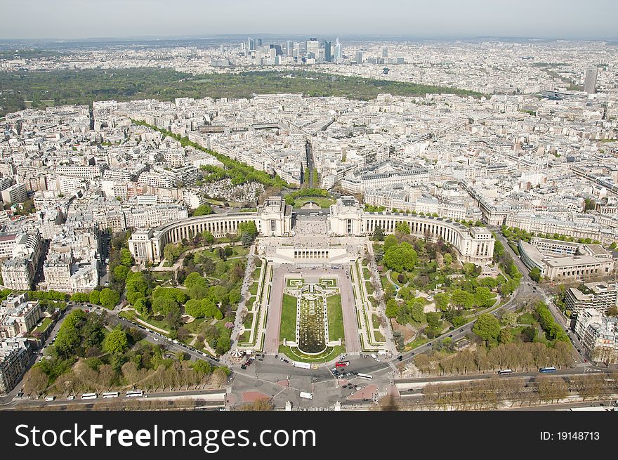 High view of Paris from the Eiffel Tower in spring