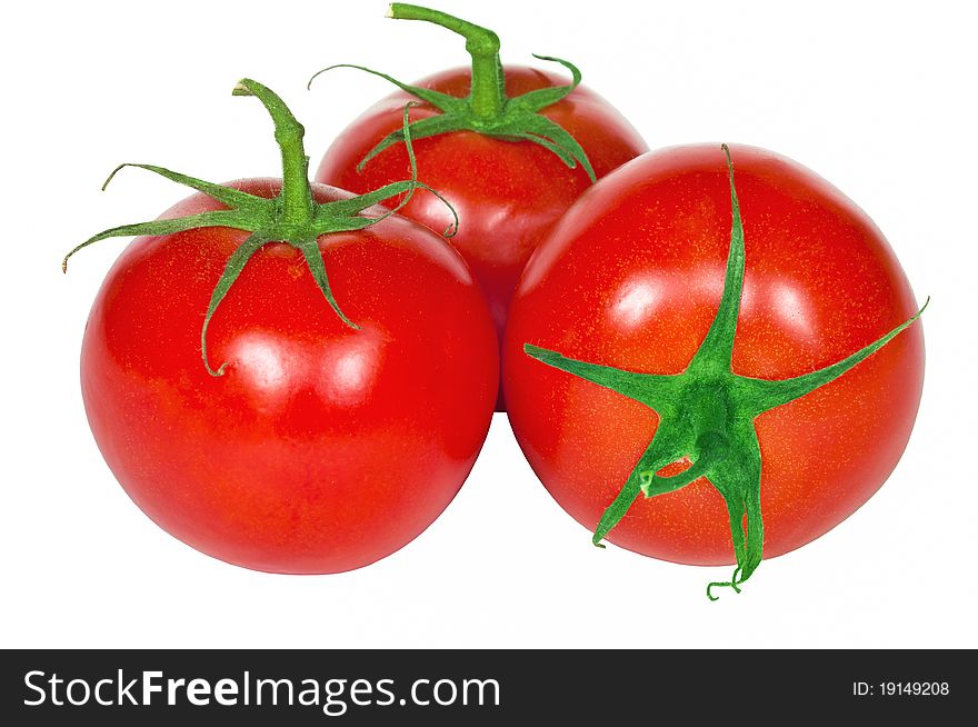 Three fresh tomatoes isolated on the white background.