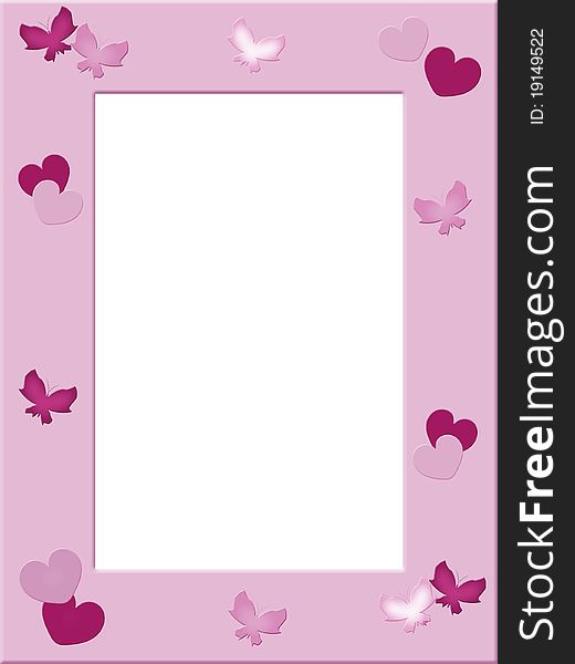 Pink photo frame with hearts and butterflies