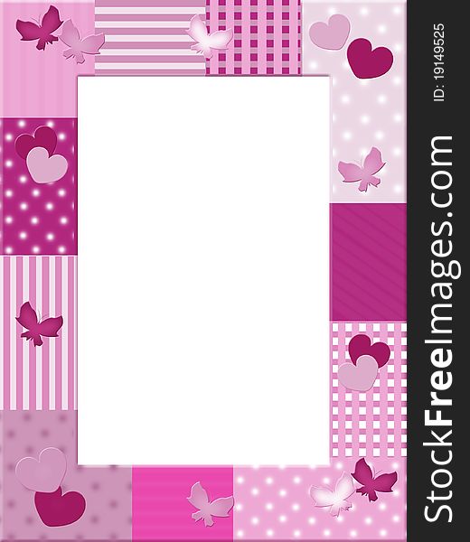 Pink photo frame with hearts and butterflies