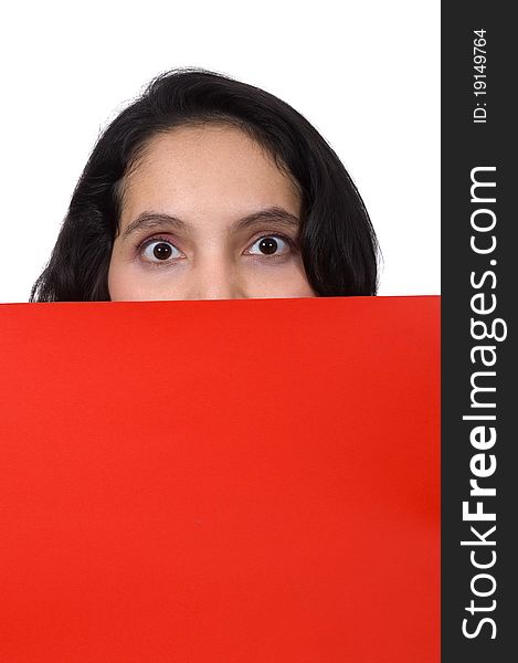 Mixed race caucasian asian woman show red blank paper. Isolated over white background. Mixed race caucasian asian woman show red blank paper. Isolated over white background
