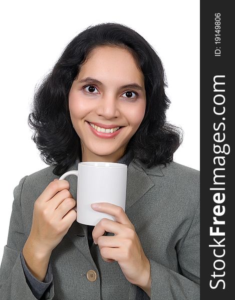 Mixed race caucasian asian business woman drink coffee. Isolated over white background. Mixed race caucasian asian business woman drink coffee. Isolated over white background