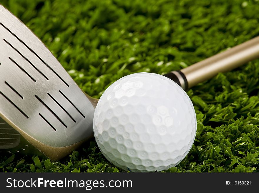 Golf ball close up with golf club (driver). Golf ball close up with golf club (driver)