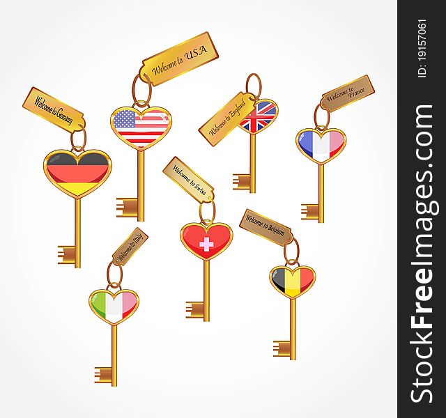 Set of golden keys with flags of several countires. Set of golden keys with flags of several countires