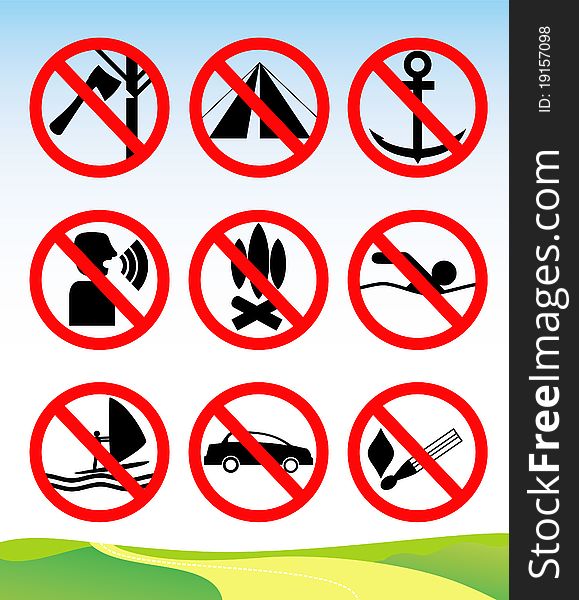 Background with travel and camping leisure prohibition signs set. Background with travel and camping leisure prohibition signs set.