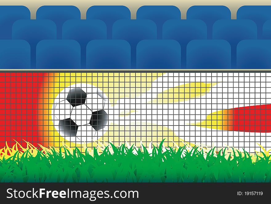 Soccer stadium tribune and advertising board with ball. Soccer stadium tribune and advertising board with ball.