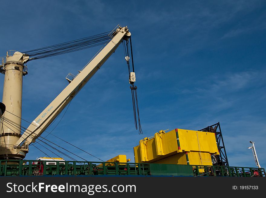 Crane placed on ship in shipyard. Crane placed on ship in shipyard