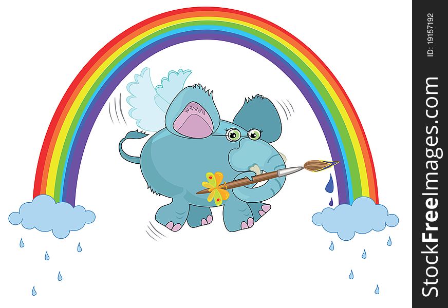 An elephant paints  a rainbow and flying