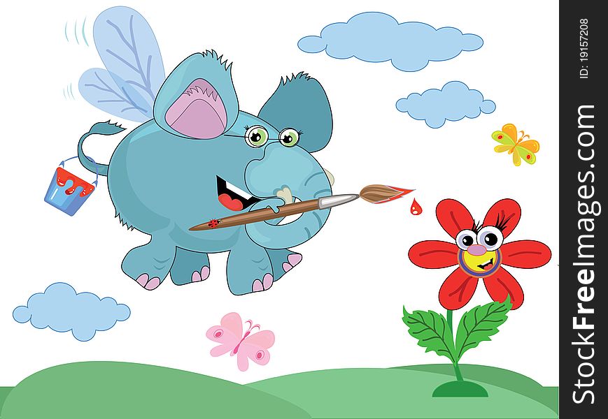 An elephant paints a flower and flying. An elephant paints a flower and flying