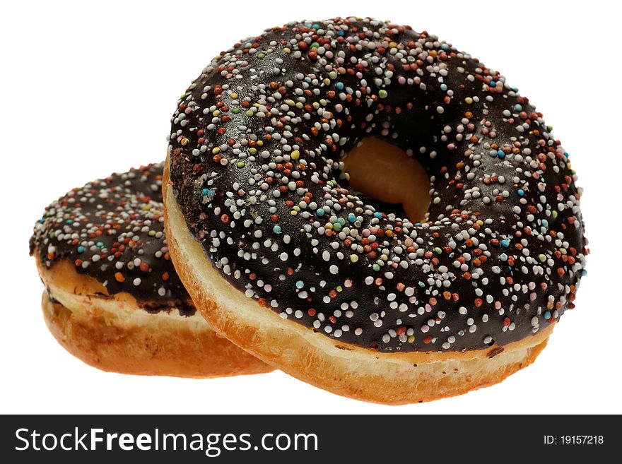 Two Chocolate Donuts with Sprinkles. Isolated on a White Background