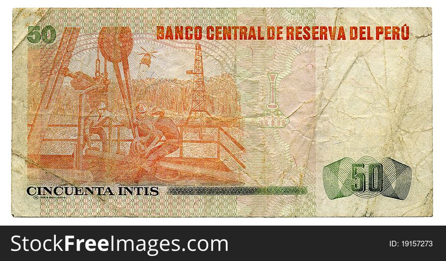 Banknote Peru, nominal value of 50. Sample 1987.