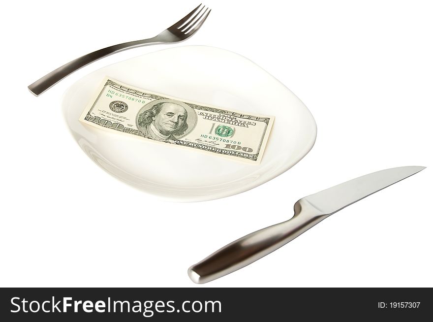 Isolated banknote on the white plate with fork and knife. Isolated banknote on the white plate with fork and knife