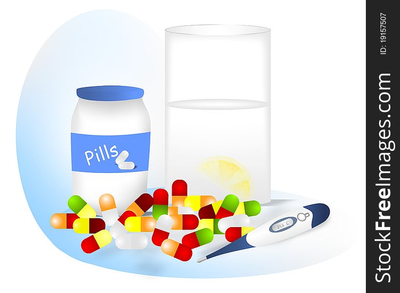 Pills, glass with water and lemon, thermometer showing high fever, bottle, vector format. Pills, glass with water and lemon, thermometer showing high fever, bottle, vector format