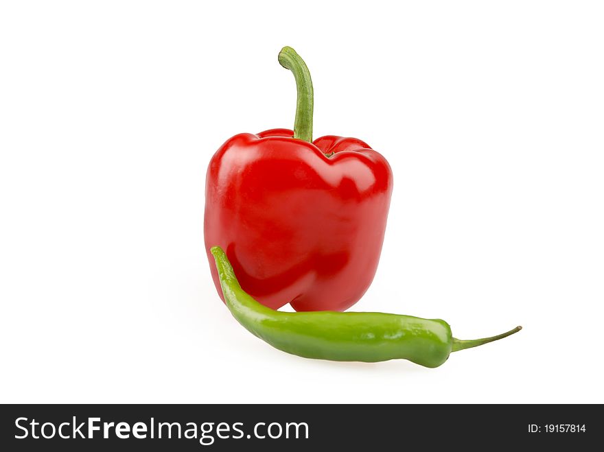 Green and  red  paprika isolated on white background