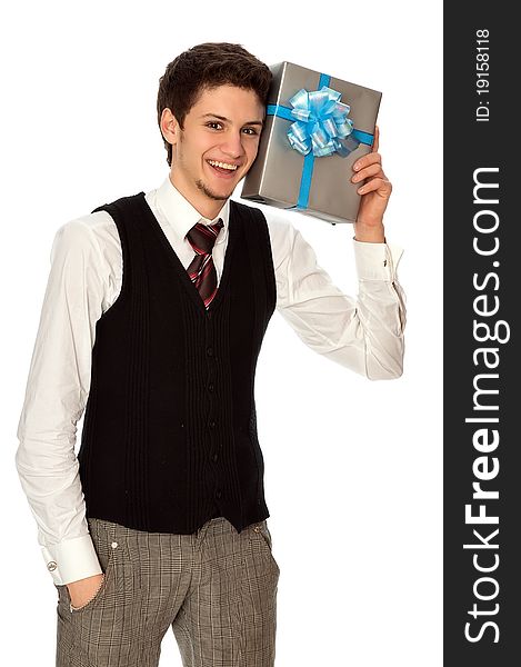 Gift for life ehappy seller holding in the hands the gray box with blue ribbon as a giftvents. Gift for life ehappy seller holding in the hands the gray box with blue ribbon as a giftvents