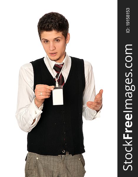 Man showing his badge at the entrance of meeting room of a conference. Man showing his badge at the entrance of meeting room of a conference