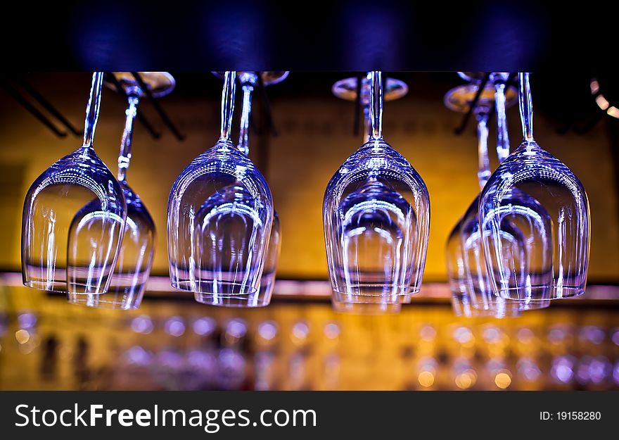 Empty glasses in restaurant interior