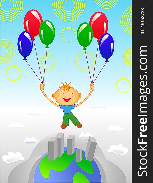 Colorful vector illustration of happy boy enjoying the balloon flight around the world