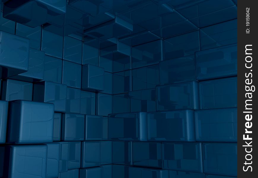 3D rendered cube room background in mid-blue, with real world reflections and highlights. 3D rendered cube room background in mid-blue, with real world reflections and highlights